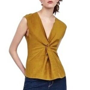 Zara Woman Twist Front Sleeveless Top Gold/Mustard V-Neck Blouse